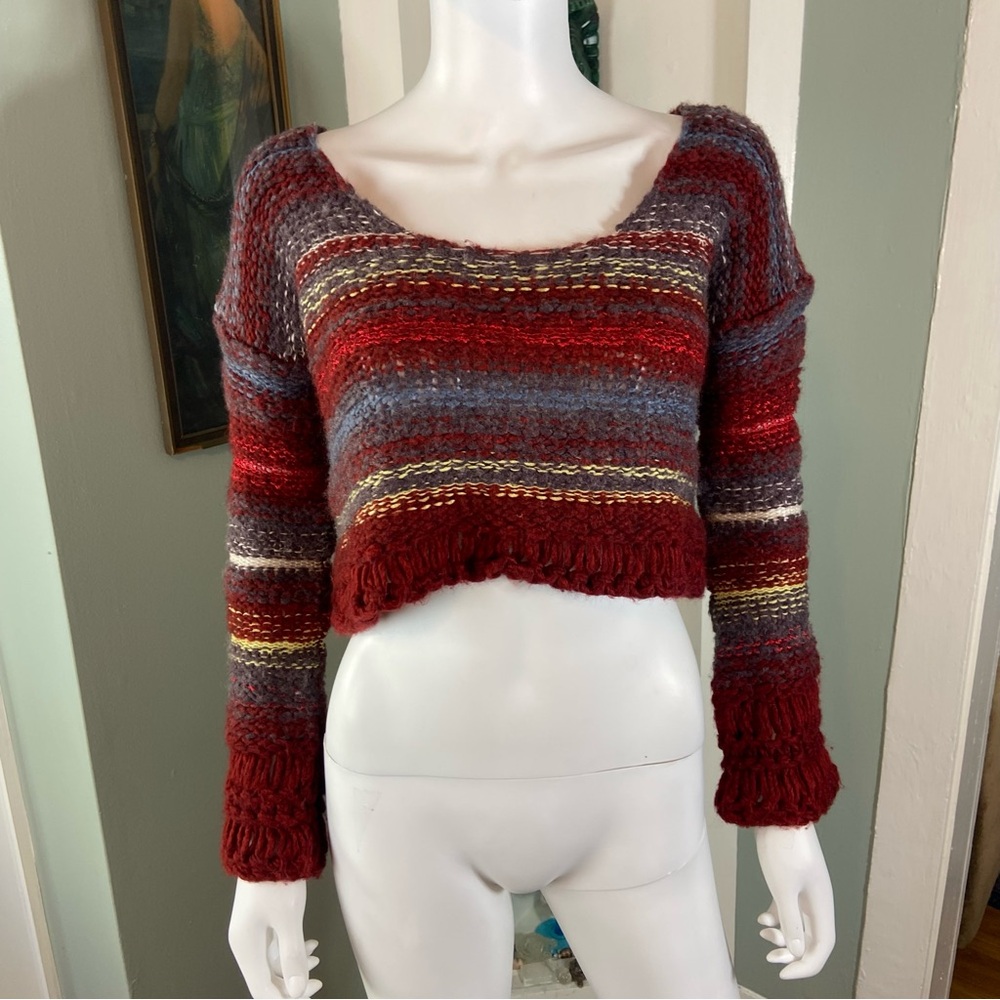 Free People Nordic Red Gray Striped Cropped Bell Sleeve Sweater Small S Chunky - Picture 2 of 14